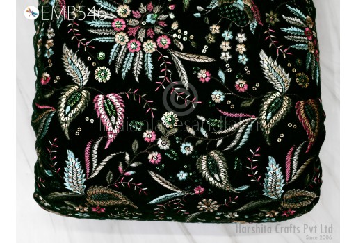 Green Indian Sequins Embroidered Velvet Fabric by the yard Bridal Wedding Dress Costumes Dolls Long Coats Table Runner Quilting Sewing DIY Crafting