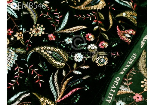 Green Indian Sequins Embroidered Velvet Fabric by the yard Bridal Wedding Dress Costumes Dolls Long Coats Table Runner Quilting Sewing DIY Crafting