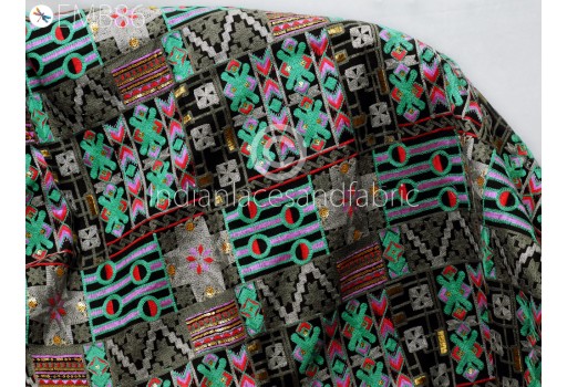 Indian embroidered fabric by the yard black cotton embroidery sewing curtain DIY crafting summer women dress material drapery home décor furnishing festive costumes cushion cover fabric