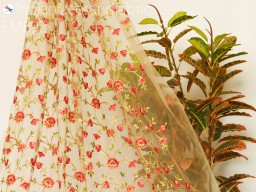 Indian beige tulle wedding dress embroidered fabric beige floral embroidered fabric by the yard crafting sewing costumes doll making home décor bridesmaid lehenga kids crafts blouses fabric