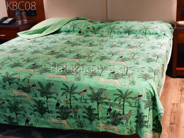 Green Birds Print Handmade Cotton Kantha Quilts Bohemian Stitched Gudri Decor 