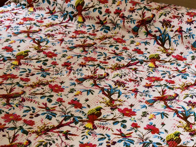 Indian Handmade Bird Print Kantha Bedspread Throw Cotton Blanket Quilt Vintage 