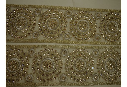 9 Yard Wholesale Bedaed costume lace Indian wedding sari ribbon cushion cover tape dress trimmings decorative gold kundan trim sewing crafting costume décor women blouse border