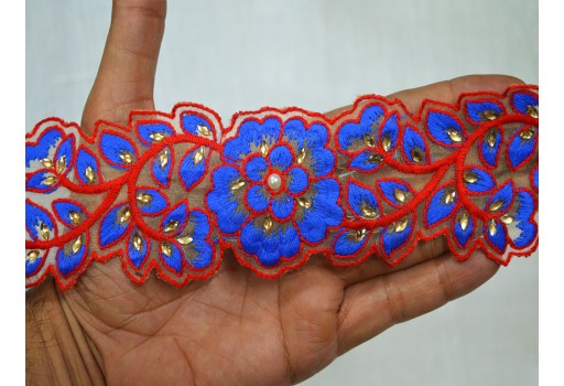 9 Yard red and blue decorative Indian sewing crafting trimming festive wear gown tape garment clothing costume trimming traditional trim for dupatta sewing Christmas Supplies Metallic Laces Decorative dresses Ribbon 