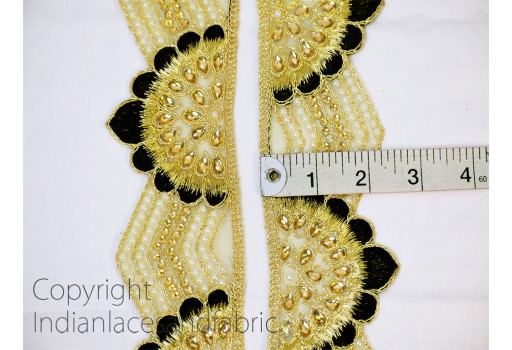 Black Indian beaded decorative costume trim by the yard metallic ribbon gold Stone lace embellished lehnga stone work border sewing trimmings accessories crafting table runner tapes