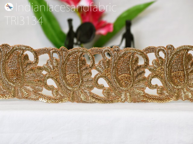 9 Yard Zardozi Gold Paisley Trim Handcrafted Embellishment Indian Saree Border Decorative Lehenga Purse Lace Home Décor Clutches Cushions Cover Christmas DIY Crafting Tape