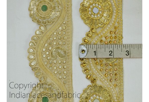 Metallic gold Ribbon Embellishment Traditional Gold Stone Lace decorative Indian crafting trim by 3 yard beaded work trimming Wedding Costume Dresses Ribbon Crafting Sewing festive wear gown tape clothing accessories