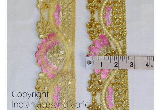 Pink Indian beaded decorative costume trim by the yard metallic ribbon gold kundan lace embellished lehenga stone work border sewing trimmings accessories crafting table runner tapes