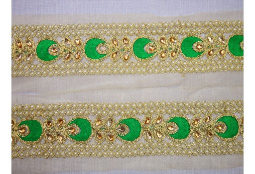 Decorative indian tabe green costume metallic ribbon embellished trim by the yard traditional kundan lace sewing crafting accessories Christmas trimming wedding wear dresses home decor lehenga  border