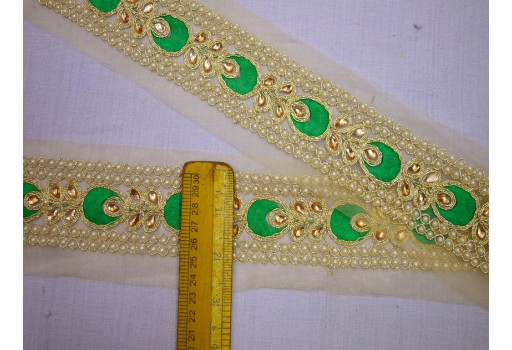 Decorative indian tabe green costume metallic ribbon embellished trim by the yard traditional kundan lace sewing crafting accessories Christmas trimming wedding wear dresses home decor lehenga  border