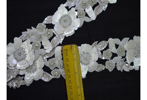 Exclusive handmade white sliver Indian beaded trim fashion dress ribbon bridal belt sashes trim by the yard laces costume crafting sewing wedding wears embellish decorative home décor accessories tape 