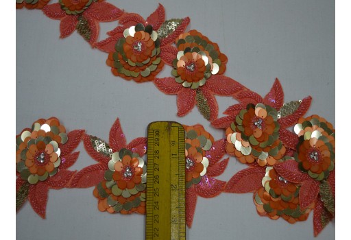 Exclusive Coral Gold Indian beaded trim by the yard bridal belt sashes costume wedding dress tapes decorative designer heavy lace crafting sewing accessories home décor saree party wear trimmings
