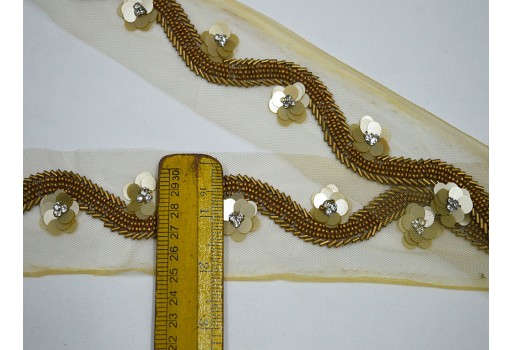 Decorative antique gold beaded trim wedding gown bridal belt ribbon by the yard Indian laces costume crafting sewing sari border accessories trimmings home décor party wear saree tape