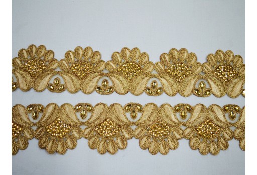 Beige Decorative Kundan Lace Indian Beaded Decorative Costume Metallic Ribbon Embellished Border home decor Trim By The Yard beautiful trimming Christmas Supplies Fashion Tape Crafting accessories 
