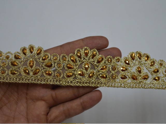2 Yard floral Gold Kundan border beaded work garments accessories ethnic wear embellishments crafting sewing costume decorative trim boutique material Indian Bridal Belt Sashes Decorative ribbon
