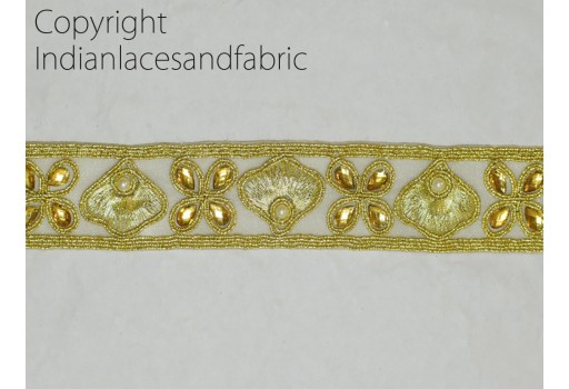 9 Yard Wholesale decorative dull gold Stone lace wedding dress border stone metallic trim with glass bead mirror and faux pearls work clothing accessories crafting sewing home decor ribbon