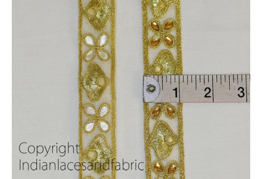 9 Yard Wholesale decorative dull gold Stone lace wedding dress border stone metallic trim with glass bead mirror and faux pearls work clothing accessories crafting sewing home decor ribbon