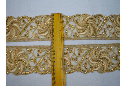 Boutique Material Decorative Indian Trim By 3 yard Saree lace embroidered Crafting Ribbon Beige Gold Fabric Trimming Embellishments Dresses Border Christmas Supplies Home Décorn wedding wear gown tape