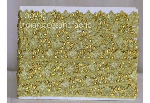 Wedding Decoration Dull Gold Kundan Lace Indian Saree Border Beaded Trim For Festive Wear Designing Metallic Trimmings Indian Laces Trim Embellished Costume Sewing Trims By Yard