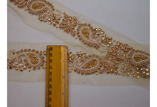 Exclusive handmade gold beaded wedding accessories dress ribbon bridal belt sashes trim by the yard decorative fashion costume laces crafting sewing sari border home décor saree runner trimming