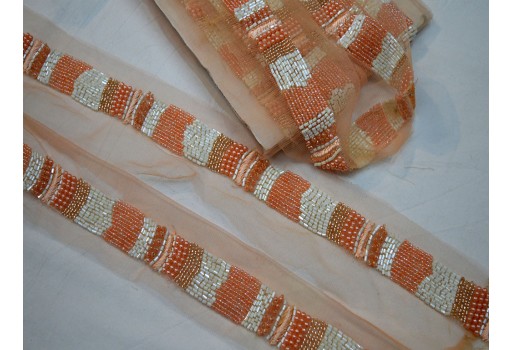 Decorative peach white beaded trim by yard exclusive saree trimmings wedding dress fabric sewing Indian accessories crafting ribbon home décor party wear gown border cushions table runner tape
