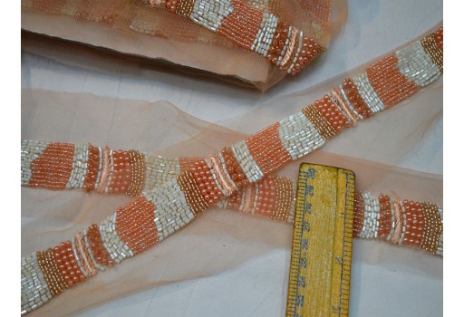 Decorative peach white beaded trim by yard exclusive saree trimmings wedding dress fabric sewing Indian accessories crafting ribbon home décor party wear gown border cushions table runner tape