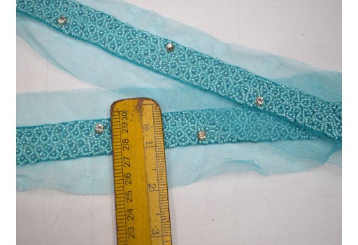 Decorative Sky Blue beaded trim for wedding gown bridal belt sashes dress ribbon by the yard Indian laces costume crafting sewing sari border decoration accessories trimmings home décor party wear saree tape