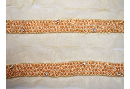 Exclusive peach beaded trim for wedding gown bridal belt sashes dress ribbon by the yard Indian laces costume crafting sewing sari border decoration accessories trimmings home décor party wear saree tape