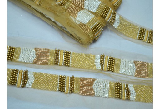 Decorative gold beaded trim by yard exclusive saree trimmings wedding dress fabric sewing Indian accessories crafting ribbon home décor party wear gown border cushions table runner tape