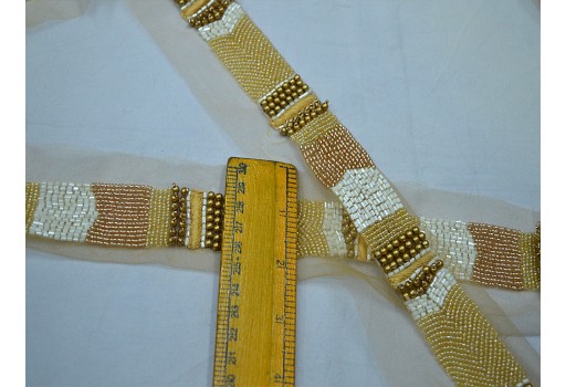Decorative gold beaded trim by yard exclusive saree trimmings wedding dress fabric sewing Indian accessories crafting ribbon home décor party wear gown border cushions table runner tape