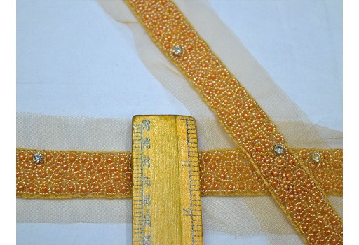 Decorative pale orange beaded trim by the yard wedding bride belt ribbon Indian Christmas laces costumes crafting sewing tape sari cushions drape blouse material trimming home décor party wear gown border