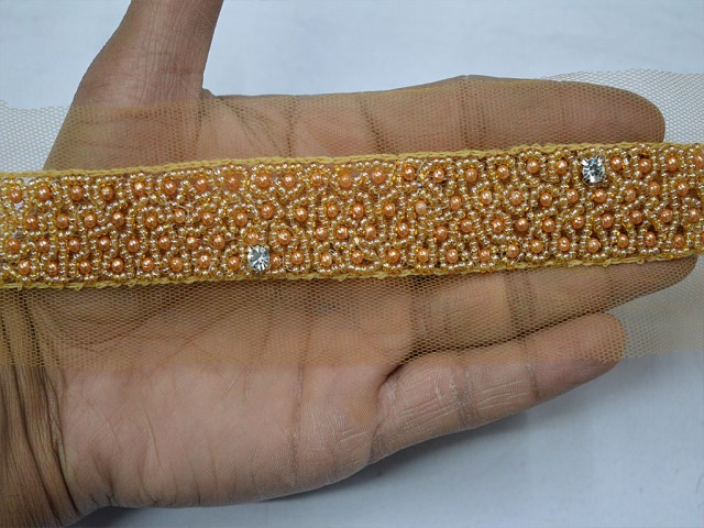 Decorative pale orange beaded trim by the yard wedding bride belt ribbon Indian Christmas laces costumes crafting sewing tape sari cushions drape blouse material trimming home décor party wear gown border