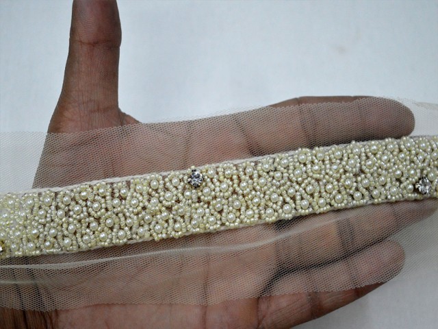 Decorative ivory beaded trim for wedding gown bridal belt sashes dress ribbon by the yard Indian laces costume crafting sewing sari border decoration accessories trimmings home décor party wear saree tape