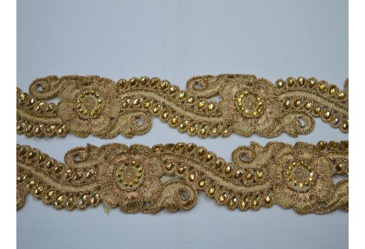 Decorative dresses Ribbon Costume Metallic tape Beaded Dull Gold Stone Lace embellishment handcrafted Trimmings Mirror Work Border By The Yard Wedding dupatta Trim festive wear Gown garment accessories