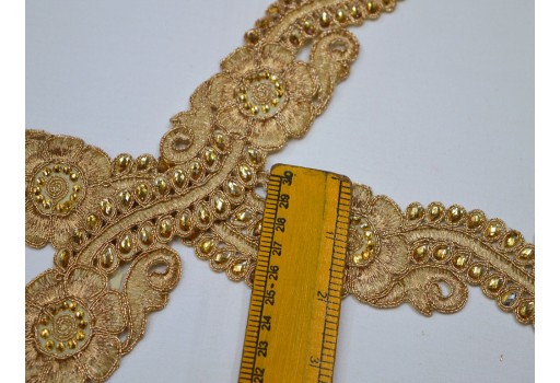 Decorative dresses Ribbon Costume Metallic tape Beaded Dull Gold Stone Lace embellishment handcrafted Trimmings Mirror Work Border By The Yard Wedding dupatta Trim festive wear Gown garment accessories