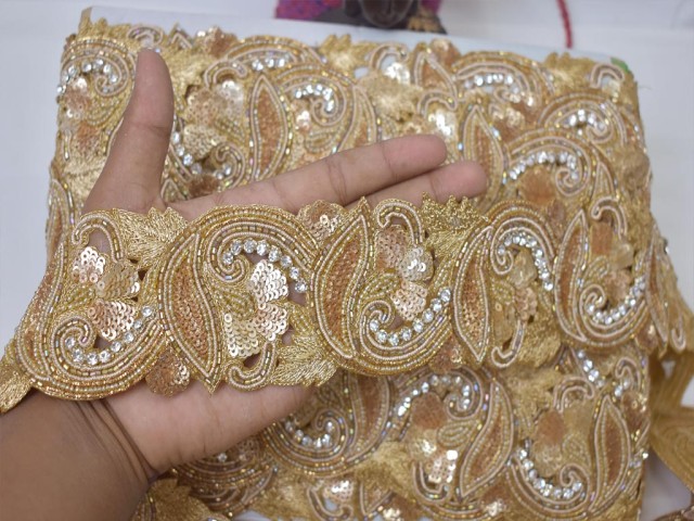  9 Yard Wholesale bridal clutches zardozi trims exclusive dull gold indian beaded lace trim handmade wedding dress tape bridal belt sashes decorative crafting sari border Clothing Accessories