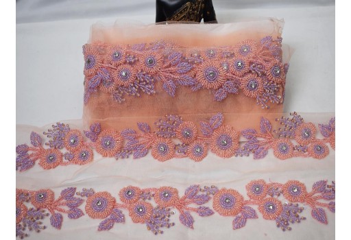 Decorative peach lilac beaded wedding dresses ribbon boutique material costume laces crafting sewing net fabric sari border bridal belt sashes trim by the yard home décor party wear lehenga tape