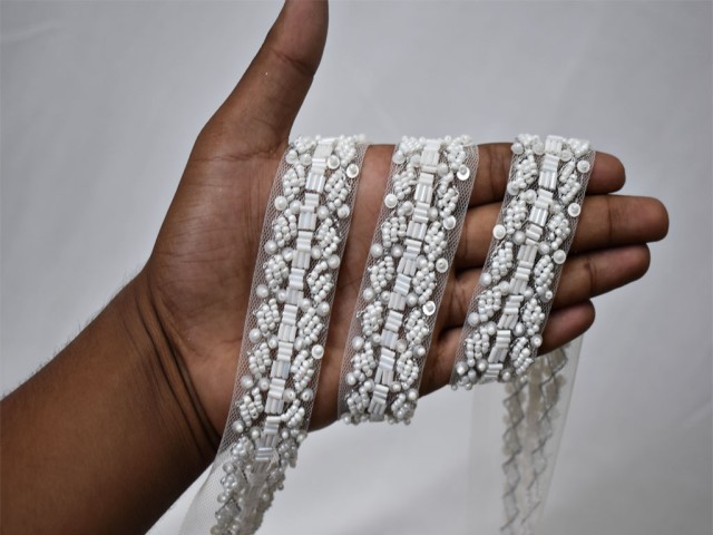 Decorative white beaded trim by the yard wedding bride belt ribbon Indian Christmas laces costumes crafting sewing tape sari cushions drape blouse material trimming home décor party wear gown border