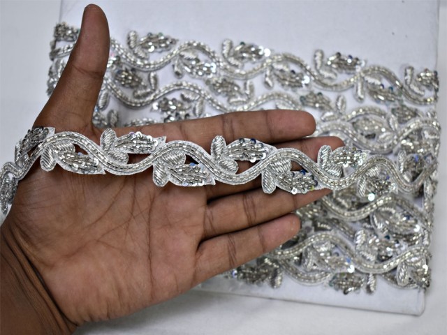 Silver beaded trim bridal belt sashes wedding lehenga ribbon by the yard costume beads trimmings Christmas home décor sewing accessories party wear gown dresses bridal wears tape