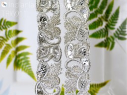 Handcrafted Indian decorative wedding dress zardozi silver trim by 2 yard saree lace accessories Christmas crafting ribbon cushions sewing beach bag hats border home décor party wear gown dresses tape