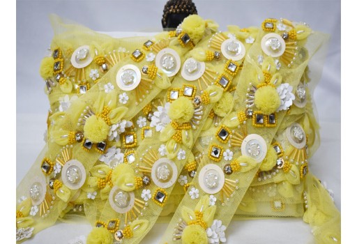 Exclusive yellow beaded 3D trim by the yard wedding bride belt ribbon Indian laces costumes crafting sewing tape sari cushions drape blouse material trimming home décor party wear gown border