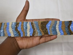 Exclusive blue gold beaded dresses tape home décor wedding dupatta bridal belt wear trim by the yard handmade laces costume crafting sewing sari border lehenga ribbon clothing accessories