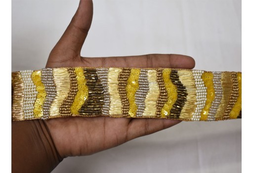 9 Yard wholesale Yellow Beige Exclusive Beaded sari border crafting clutches ribbon table decoration Indian laces headband tape sewing accessory cushions trimmings decorative trim