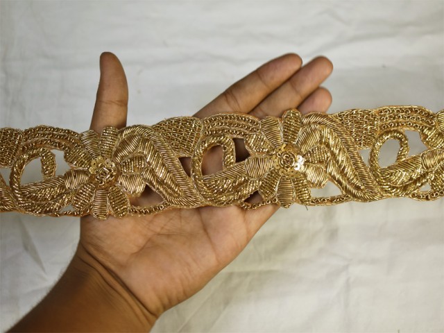 Decorative handcrafted gold zardosi trim by the yard Indian sari border crafting ribbon saree tape accessories zari lace handmade table runner party wear gown dresses tape bag material trimmings
