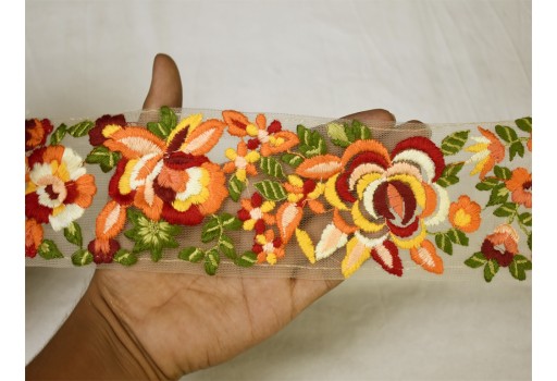 Indian orange embroidery floral trim by 3 yard embellishment decorative embroidered saree ribbon sewing crafting accessories border cushions trimmings costume party wear gown dresses tape