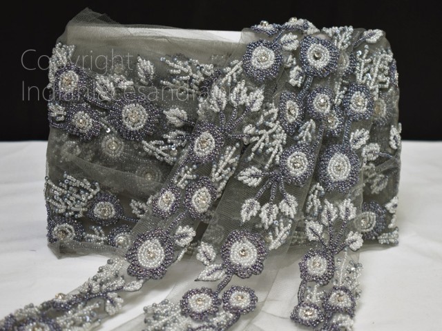 Indian laces ribbon decorative grey white beaded trim by the yard brides wedding dress sashes costume crafting sewing sari border blouse material trimming home décor party wear gown tape