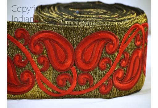Red Paisley Saree Fabric Trim By 3 Yard Embroidered home décor party wear dresses Trimming Wedding Dress Ribbon Indian Sari Border Crafting Sewing Curtains Laces garment costume tape