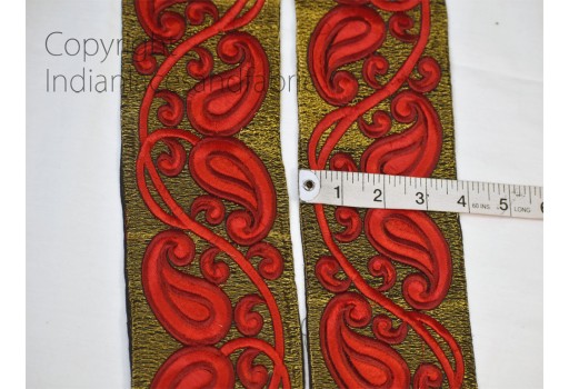 Red Paisley Saree Fabric Trim By 3 Yard Embroidered home décor party wear dresses Trimming Wedding Dress Ribbon Indian Sari Border Crafting Sewing Curtains Laces garment costume tape
