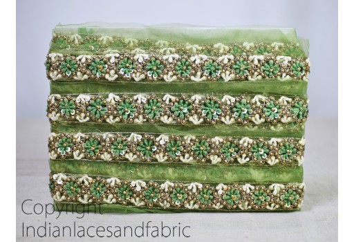 Exclusive handmade parrot green glass beaded saree trimmings bridal belt sashes wedding dress lehenga tape decorative Indian fabric sewing trim by the yard sari crafting border home decor gown ribbon 