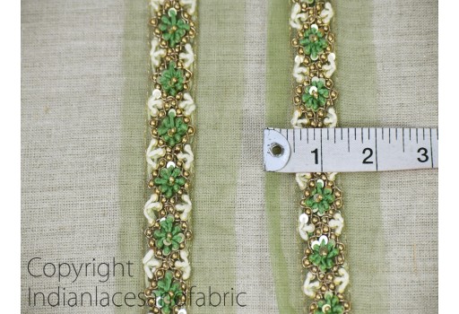 Exclusive handmade parrot green glass beaded saree trimmings bridal belt sashes wedding dress lehenga tape decorative Indian fabric sewing trim by the yard sari crafting border home decor gown ribbon 